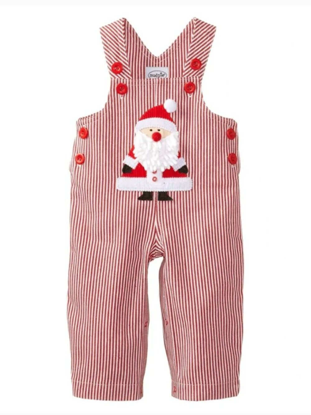Mud Pie St. Nick Christmas Red Striped Overall Santa Applique Baby Boy 9-12 mont